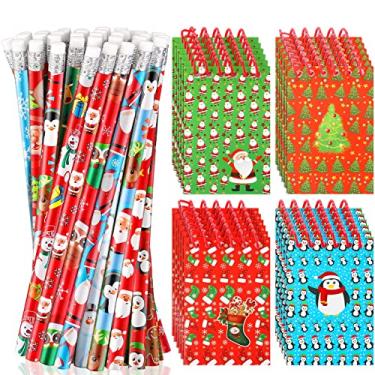 Imagem de 48 peças de caderno de Natal e lápis de Natal com borrachas, caderno espiral superior pequeno bolso caderno mini bloco de notas lápis de natal com boneco de neve Papai Noel design de árvore de Natal para festa infantil