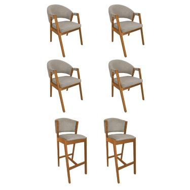 Imagem de Kit 4 Cadeiras De Jantar Helen Madeira Maciça Com 2 Banquetas Ana Cerejeira Premium Linho Bege