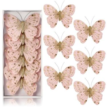Imagem de Enfeites de árvore de Natal de borboleta de veludo com glitter, borboletas decorativas artificiais com clipes, decoração de artesanato de férias, pacote com 6 (rosa)