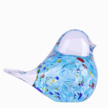 Imagem de DOVDOV Estátua de pássaro de vidro soprado à mão, decoração de pássaros de arte moderna, colecionável de peso de papel de vidro azul, ideal para decoração de quarto/sala de estar/escritório, enfeites