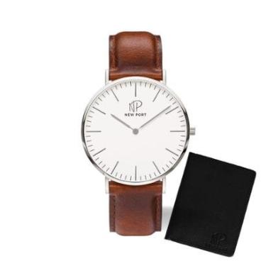 Imagem de Relógio Masculino Redondo Marrom Casual + Carteira Couro-Masculino