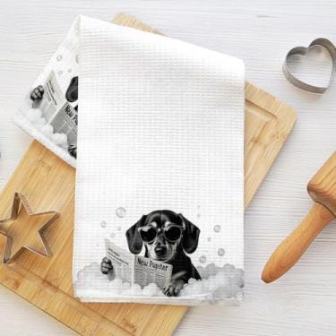 Imagem de Toalhas de banho engraçadas para cães 61 x 35 cm, Dachshund Reading Newspaper Pano de prato de microfibra macia absorvente toalha de banheiro, toalhas de mão de waffle para banheiro, presentes de