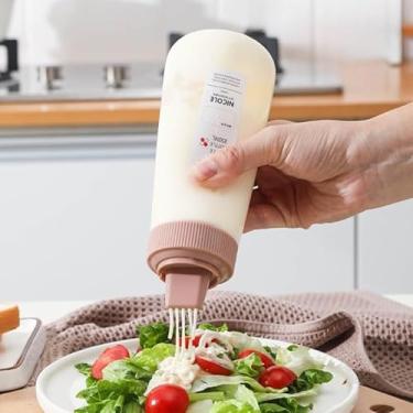 Imagem de Garrafa de apertar de 5 furos de grau alimentício, dispensador para mel, ketchup, molho de salada, garrafa de condimento de cozinha recarregável (rosa)
