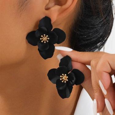 Imagem de Brincos de flor para mulheres, brincos grandes, dourados, grandes, florais, exclusivos, branco, verde, azul, rosa, rosa, joia elegante, Medium, Latão, Sem pedra preciosa