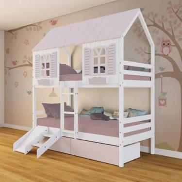 Imagem de Beliche Casinha Bela Com 2 Gavetas Rosa Kit Escada/escorregador - Made