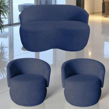 Imagem de Kit Namoradeira + 2 Poltronas Decorativa Beatriz Orgânica Veludo Azul 