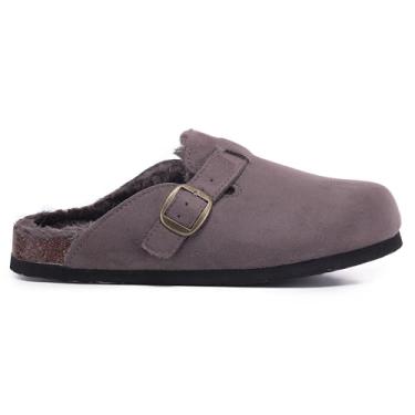 Imagem de VIVASHOES Tamanco feminino de camurça com fivela – Mule clássico de bico fechado com alça ajustável, palmilha de cortiça e sola de borracha – Conforto sem esforço para dias aconchegantes, descanso e
