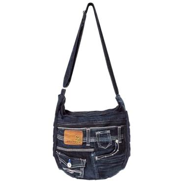Imagem de Bijoux de Ja Bolsa tiracolo feminina com pregas jeans Upcycled, bolsa jeans feita à mão com alça ajustável e bolso, Azul, Medium