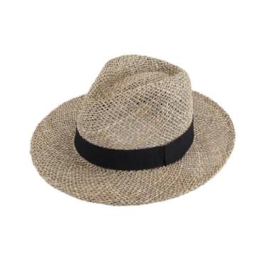 Imagem de Chapéu de sol masculino feminino de aba larga de algas marinhas jazz primavera verão chapéu de palha protetor solar chapéu jazz preto ajustável