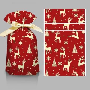 Imagem de 50 unidades de sacos de doces de Natal com fita, padrões festivos variados (rena, Papai Noel, floco de neve), sacos de embalagem para doces e biscoitos para presente de Natal e lembrancinhas de festa