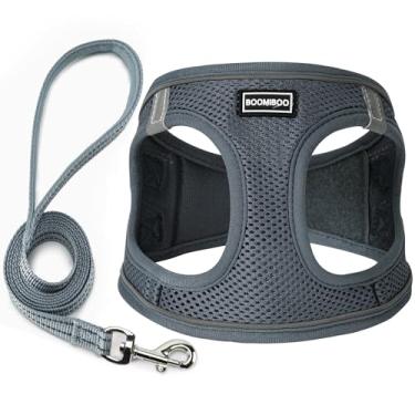 Imagem de Peitoral para cães com conjunto de trela, sem puxão, ajustável, refletivo, para cães e gatos pequenos, médios e grandes, cinza PP