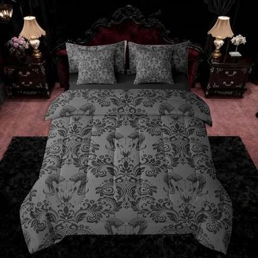 Imagem de Feelyou Conjunto de edredom gótico para adultos, tamanho king, com 7 peças, verde-oliva escuro, cabeça de cabra, boêmio, gótico, vintage, vitoriano, barroco, floral, cama em uma bolsa