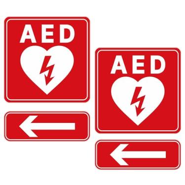 Imagem de 4 peças adesivos de sinal de DEA, à prova d'água, durável, desfibrilador externo, etiqueta interna com flechas, acessórios de emergência DEA para armário de parede, casa e caixa (vermelho)