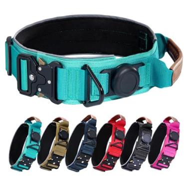 Imagem de Coleira para cães AirTag, coleira militar tática de 5 cm de largura com suporte para AirTag, alça de couro confortável e fivela de metal, refletiva, acolchoada, coleiras para cães GPS resistentes para