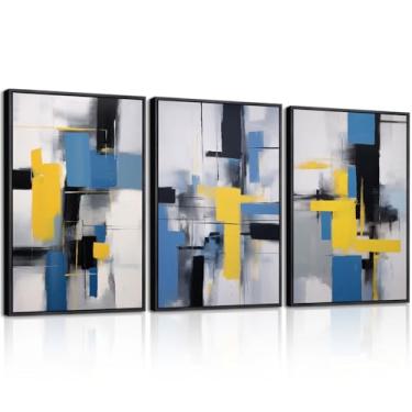 Imagem de Gardenia Art Arte de parede abstrata emoldurada grande para sala de estar, conjunto de 3 pinturas em tela para paredes, azul, amarelo, preto, branco, blocos, imagens para decoração de parede de