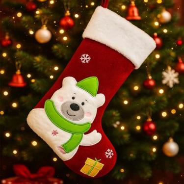Imagem de Meias de Natal de animais forradas, 50,8 cm veludo 3D veado, pinguim, rena, urso boneco de neve, meias de Natal para crianças meninas meninos decorações de Natal (urso branco)