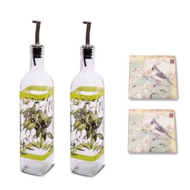 Imagem de Topadorn Conjunto de garrafas dispensadoras de azeite de oliva de 500 ml para cozinha, 2 garrafas dispensadoras de óleo de vidro com despejadores de aço inoxidável, 2 pacotes de papel, folhas e frutas