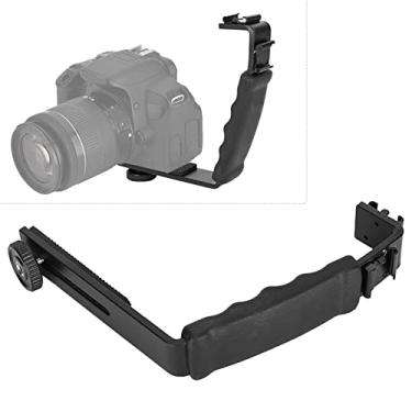 Imagem de Suporte de flash L para câmera, adaptador de suporte duplo para câmeras DSLR com rosca de 1/4, liga de alumínio leve e resistente