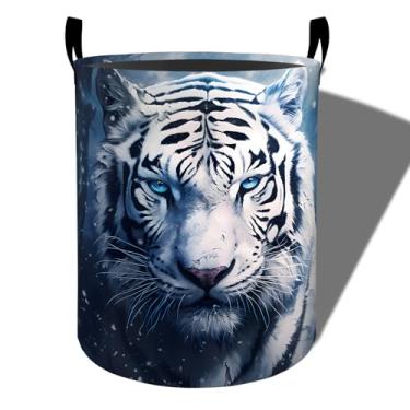 Imagem de amepay Cesto de roupa suja de tigre branco, pano Oxford dobrável com design iluminado pela lua, cesto impermeável com alças, balde de armazenamento de roupas, organizador de brinquedos para banheiro