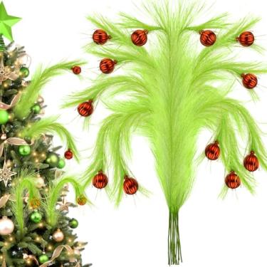 Imagem de Topper de árvore de Natal de elfo de 48 cm – 12 peças verde limão fofo encaracolado palhetas de árvore de Natal enfeites de enchimento com bola vermelha, para vaso de guirlanda em casa, festa de