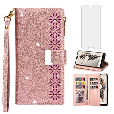 Imagem de Capa de telefone para Huawei P20 Pro Capa carteira com protetor de tela de vidro temperado e alça de pulso Bling Glitter Flip Zipper Suporte para cartão Cell Hawaii P 20Pro 20 P20pro mulheres meninas