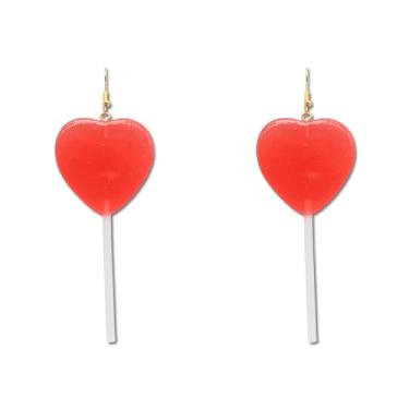 Imagem de Brincos de pirulito de coração, fofo, rosa, coração, doce, dia dos namorados, brincos de pirulito de acrílico para dia dos namorados, formato de coração, para mulheres e meninas, Acrílico, Sem pedra