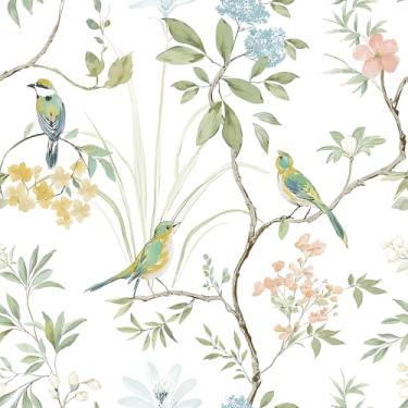 Imagem de VEELIKE Papel de parede vintage Chinoiserie Peel and Stick Cottage floral pássaro papel de parede para quarto banheiro paredes 48 x 900 cm papel de parede removível autoadesivo com pássaros árvores