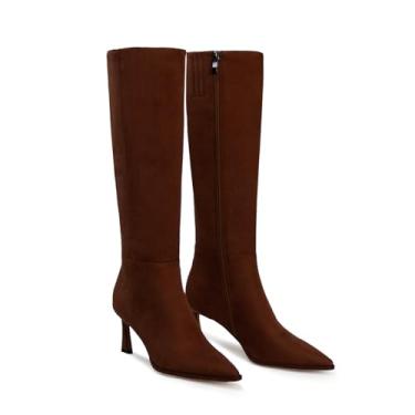 Imagem de Gothictor Botas de cano alto femininas bico fino salto alto salto alto com zíper lateral botas longas, Marrom_camurça, 37