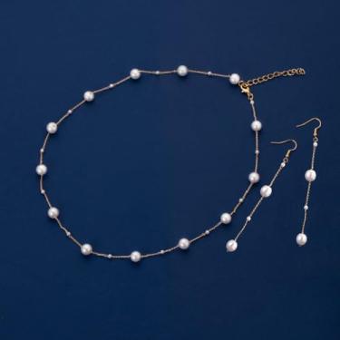 Imagem de Conjunto elegante de colar e brincos de pérolas para mulheres, conjunto de joias de pérolas de corrente de ouro longa, conjunto de noiva delicado, presente de festa de casamento clássico, acessórios