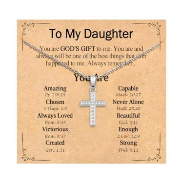 Imagem de PODLEV Presentes para filha, colar com pingente de cruz de zircônia cúbica minúscula banhada a prata de 40,6 cm + 5 cm para mulheres, meninas, joias cristãs, confirmação, batismo, Páscoa, Natal