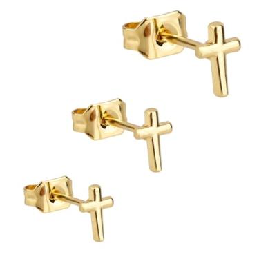 Imagem de 3 Brincos de Cruz, 3 Tamanhos Requintados com Base Plana para Piercing na Cartilagem e Hélice para Mulher (Dourado)