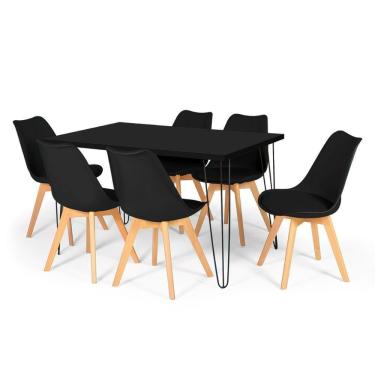 Imagem de Conjunto Mesa De Jantar Hairpin 130x80 Preta Com 6 Cadeiras Eiffel Leda - Preto