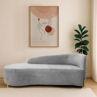 Imagem de Divã Recamier Orgânico França 140cm Lado Esq Pés Metal Dourado Linho Cinza Claro