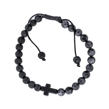 Imagem de Pulseira de Aço Pedra Vulcânica e Labradorita com Cruz Ajustável 19cm a 25cm
