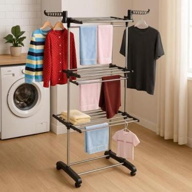 Imagem de Varal de Chão Dobrável 3 Andares Bandejas Cabideiro Portátil Compacto 