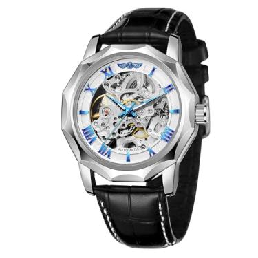 Imagem de WENFVVIN Relógio de pulso masculino automático esqueleto mecânico numeral romano dodecágono com pulseira de couro genuíno, Prateado, azul
