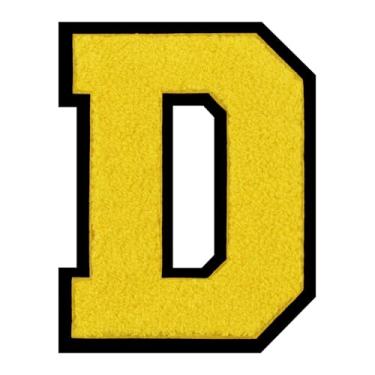 Imagem de 1 PÇ Patch de letra de chenille amarelo de 15 cm com borda preta – Remendos do alfabeto para roupas, jaquetas, mochilas, chapéus para decoração personalizada, nome personalizado e artesanato. (D)