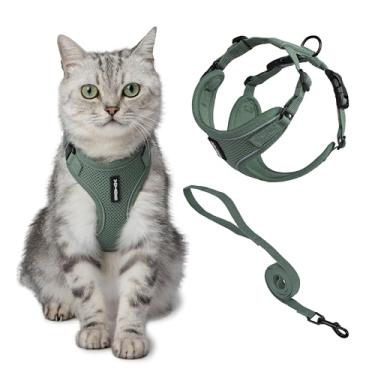 Imagem de Best Pet Supplies Peitoral para gatos Voyager Step-in Lock ajustável com conjunto de coleira para gatos com alça de neoprene de 1,5 m - suporta gatos de raças pequenas, médias e grandes - verde musgo
