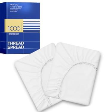 Imagem de THREAD SPREAD Pacote de 2 lençóis de alta contagem de fios, 100% algodão, branco, solteiro, GG, longo, algodão natural penteado, macio, macio e sedoso