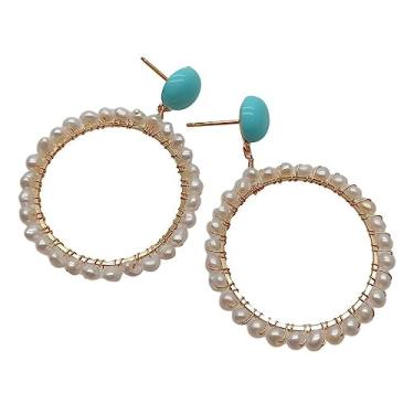 Imagem de Brincos femininos naturais de 3 a 4 mm com pérolas brancas de água doce, círculo, turquesa, azul e turquesa, estilo de escritório
