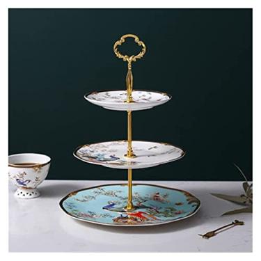 Imagem de Suporte de frutas, tigelas de frutas, bandeja de lanche de cerâmica, bolo de porcelana, sobremesa, prato de frutas, conjunto de 3 peças, utensílios de cozinha, presente com ouro (cor: B, tamanho: 34