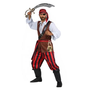 Imagem de ROC PARTY Fantasia masculina de pirata – Roupa de bucaneiro de Halloween com colete, calça, bandana e acessórios para festa de cosplay