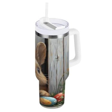 Imagem de ATTX Copo de coelho fofo da Páscoa de 850 g com alça, copo de aço inoxidável a vácuo de parede dupla com palha, caneca de café de viagem isolada #66