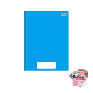 Imagem de Kit Caderno Brochura Capa Dura Pepper Azul 80 Folhas + Caneta Metálica Estojo 10 Cores + Marca Texto Boss 4 Cores Pink