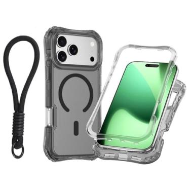 Imagem de Capa transparente com carregamento magnético em PC+TPU para iPhone 17 Pro Max Air 16 15 14 13 12 Plus, com alça de pulso e proteção contra impactos (para iPhone 12 Pro/Preto)