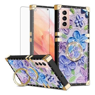 Imagem de Asuwish Capa de celular para Samsung Galaxy S21 Plus S21+ 5G Capa magnética para celular com protetor de tela de vidro temperado e anel de flor de pintura suporte rígido S21+5G S21plus 21S + S 21 21+