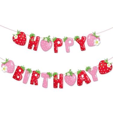 Imagem de Pano de fundo de faixa de feliz aniversário de morango, rosa vermelho baga doce bandeira flâmula decorações de festa, guirlanda pendurada sinal de quintal adereços de cabine de fotos, suprimentos para