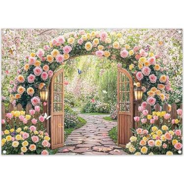 Imagem de Swepuck 2,1 x 1,5 m Tecido Primavera Flores Arco Pano de Fundo Jardim Borboleta Floral Pedra Caminho Plantas Verdes Fundo Fotografia Festival Páscoa Decorações de Festa Adereços Foto
