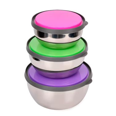 Imagem de Kit Tigelas Aço Inox Com Tampa Colorida Cozinha Geladeira