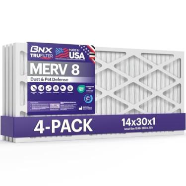 Imagem de BNX Filtro de ar TruFilter MERV 8 14 x 30 x 1 (pacote com 4) – Feito nos EUA – Filtro de ar plissado eletrostático de ar condicionado HVAC AC para poeira, animais de estimação, mofo, pólen MPR 600